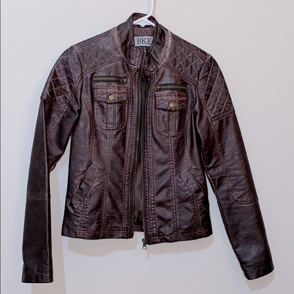 BKE Moto Zip Pleather Brown Burgundy XS / S Jacket